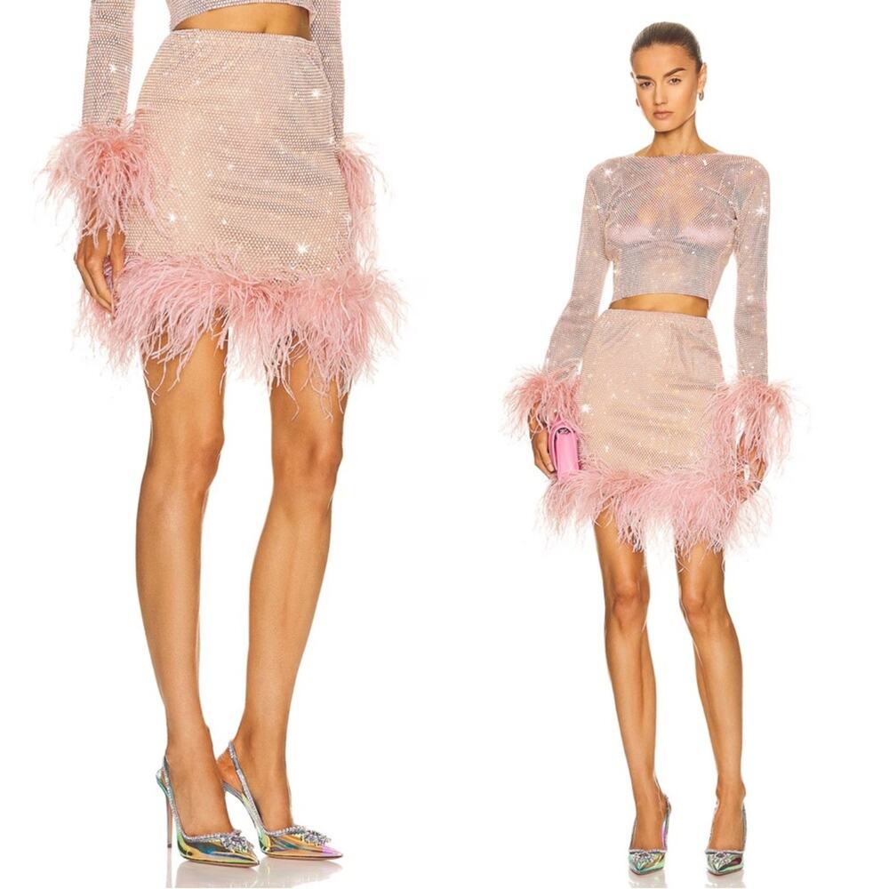 SANTA BRANDS Feathers Crystal Rhinestone Embellished Pink Mini Skirt Size XS/S